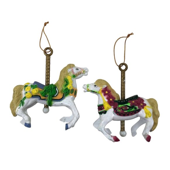 Carousel Horse Ornaments Set of 2 Handpainted Resin Flowers Ribbons Christmas - Picture 1 of 10